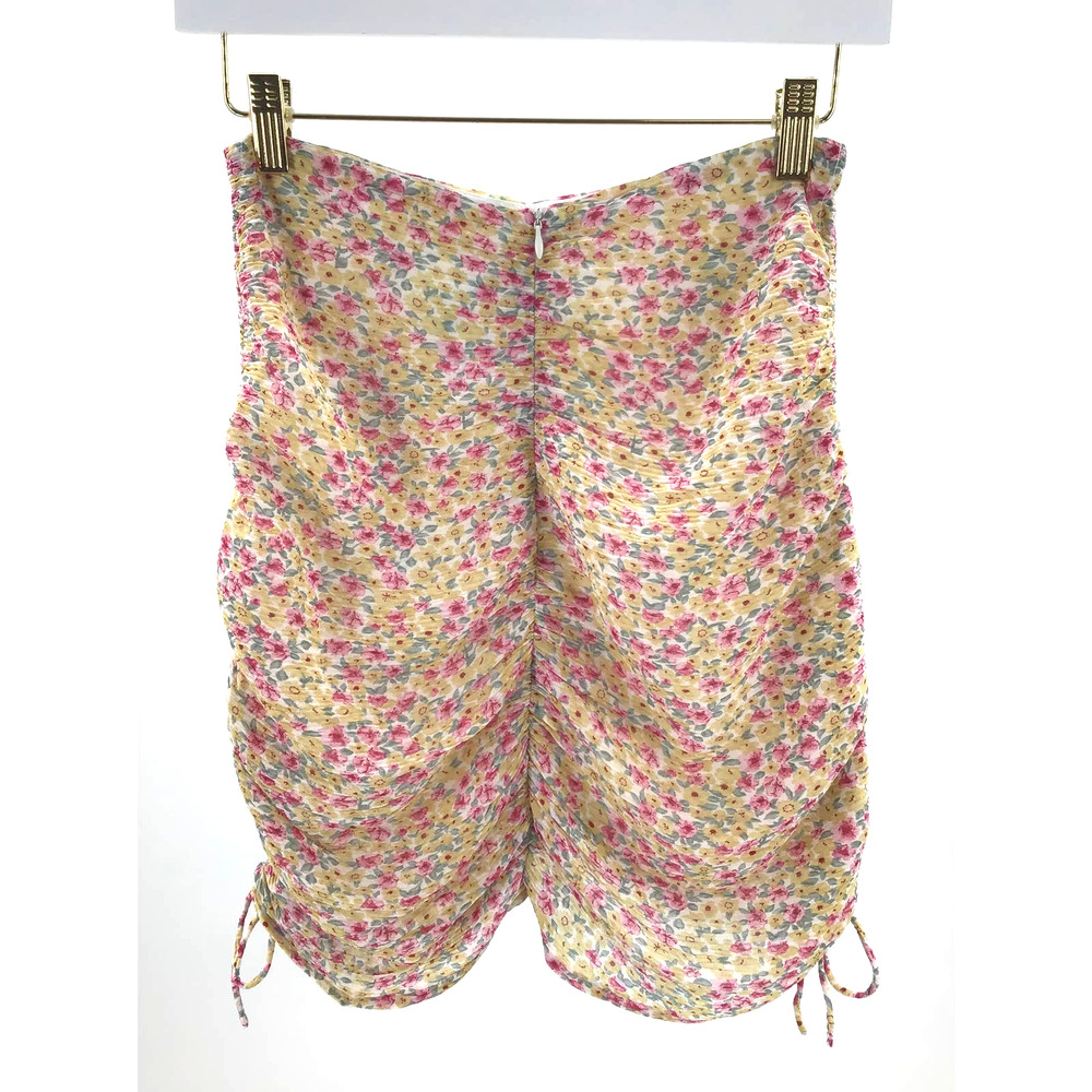LULU'S XS yellow pink floral ruched mini skirt NEW 0B8 - Picture 2 of 8